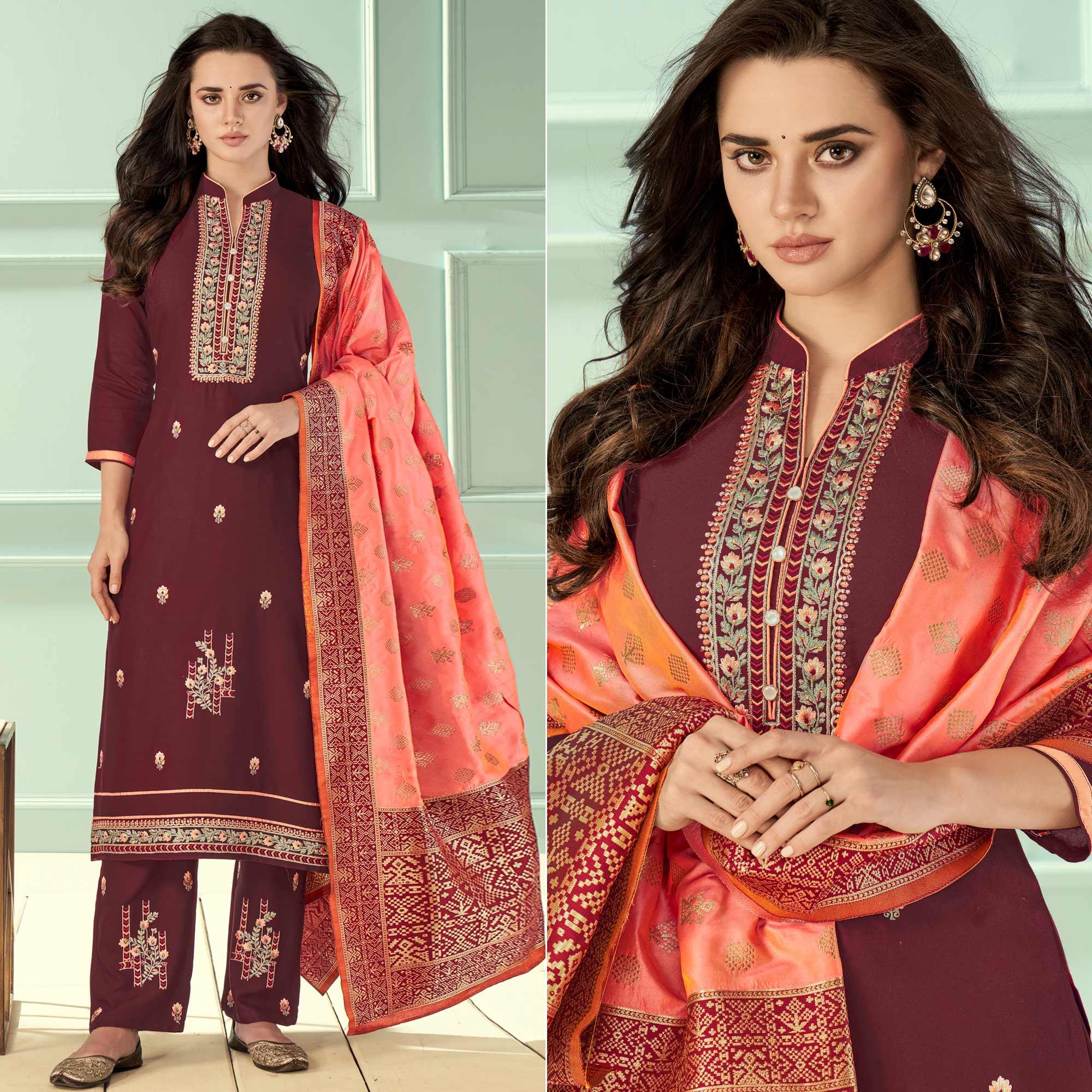 Maroon Floral Embroidered Rayon Partywear Suit - Peachmode