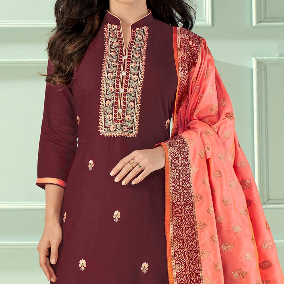 Maroon Floral Embroidered Rayon Partywear Suit - Peachmode