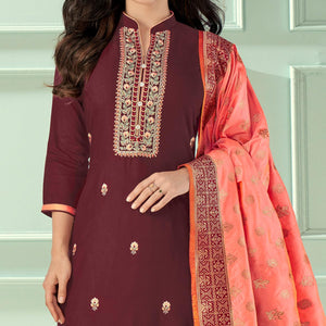 Maroon Floral Embroidered Rayon Partywear Suit - Peachmode