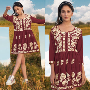 Maroon Floral Embroidered Rayon Top - Peachmode