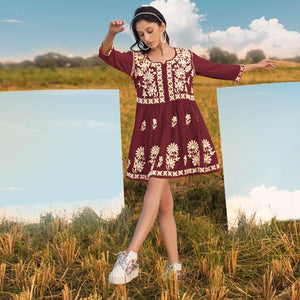 Maroon Floral Embroidered Rayon Top - Peachmode