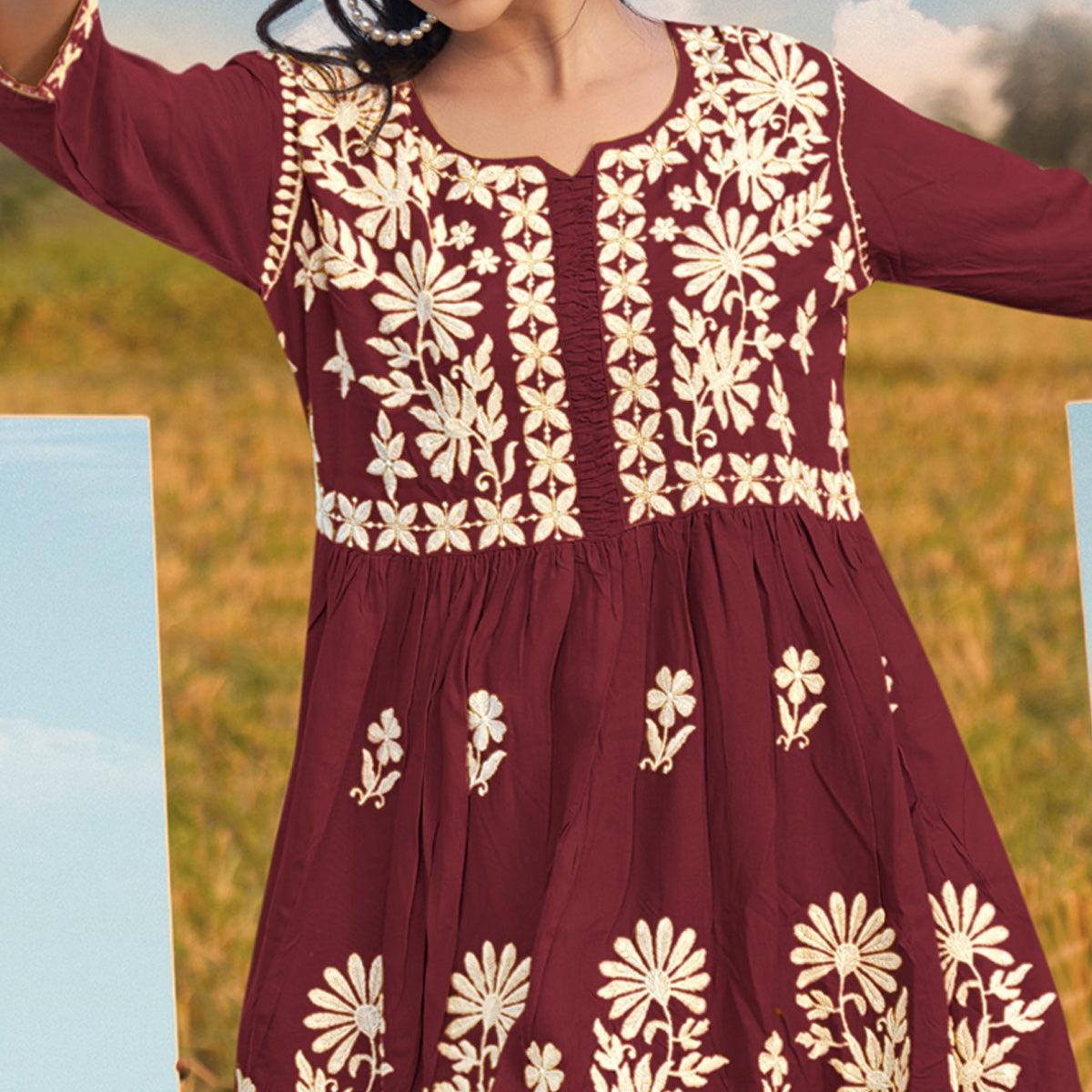 Maroon Floral Embroidered Rayon Top - Peachmode