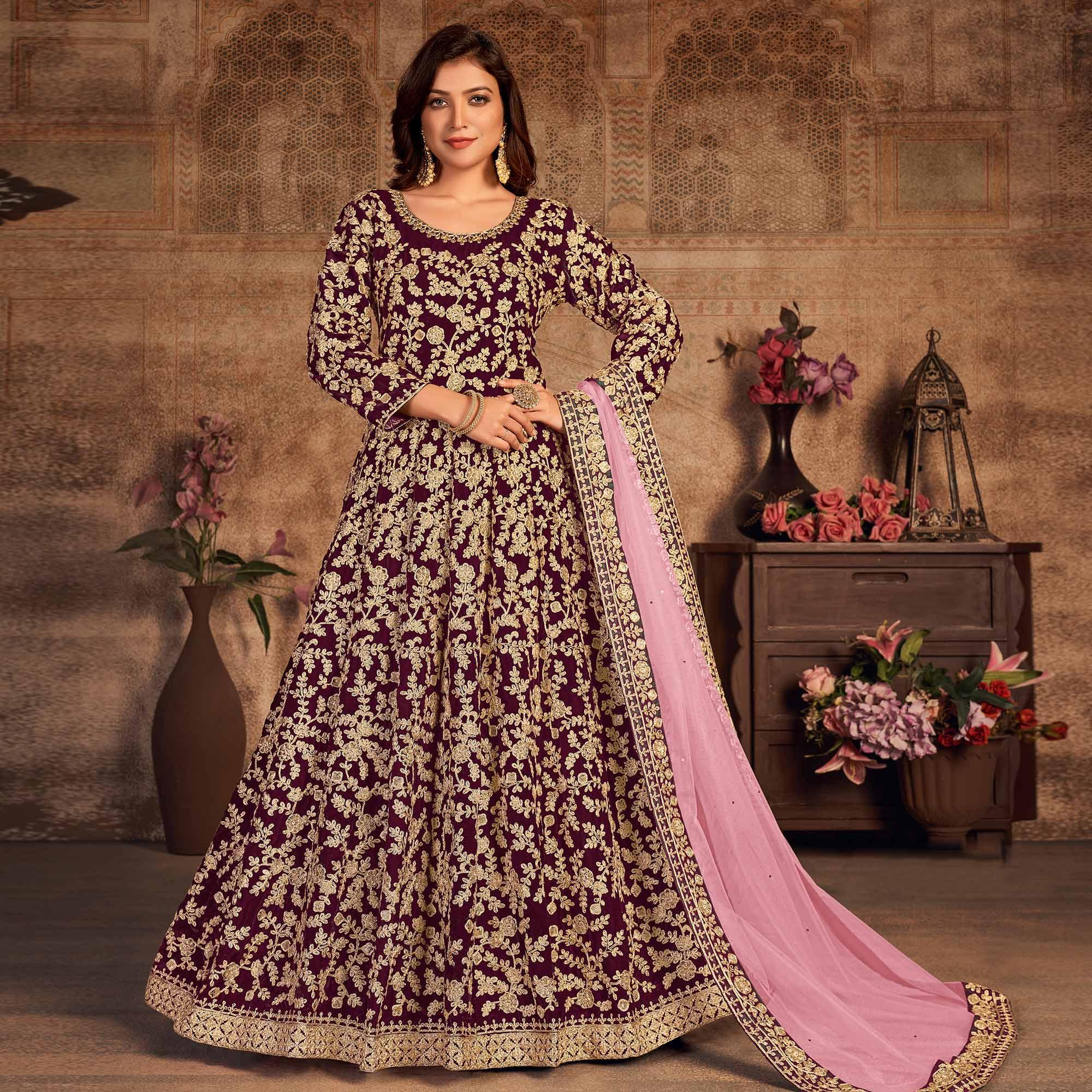 Maroon Floral Embroidered Velvet Partywear Gown - Peachmode