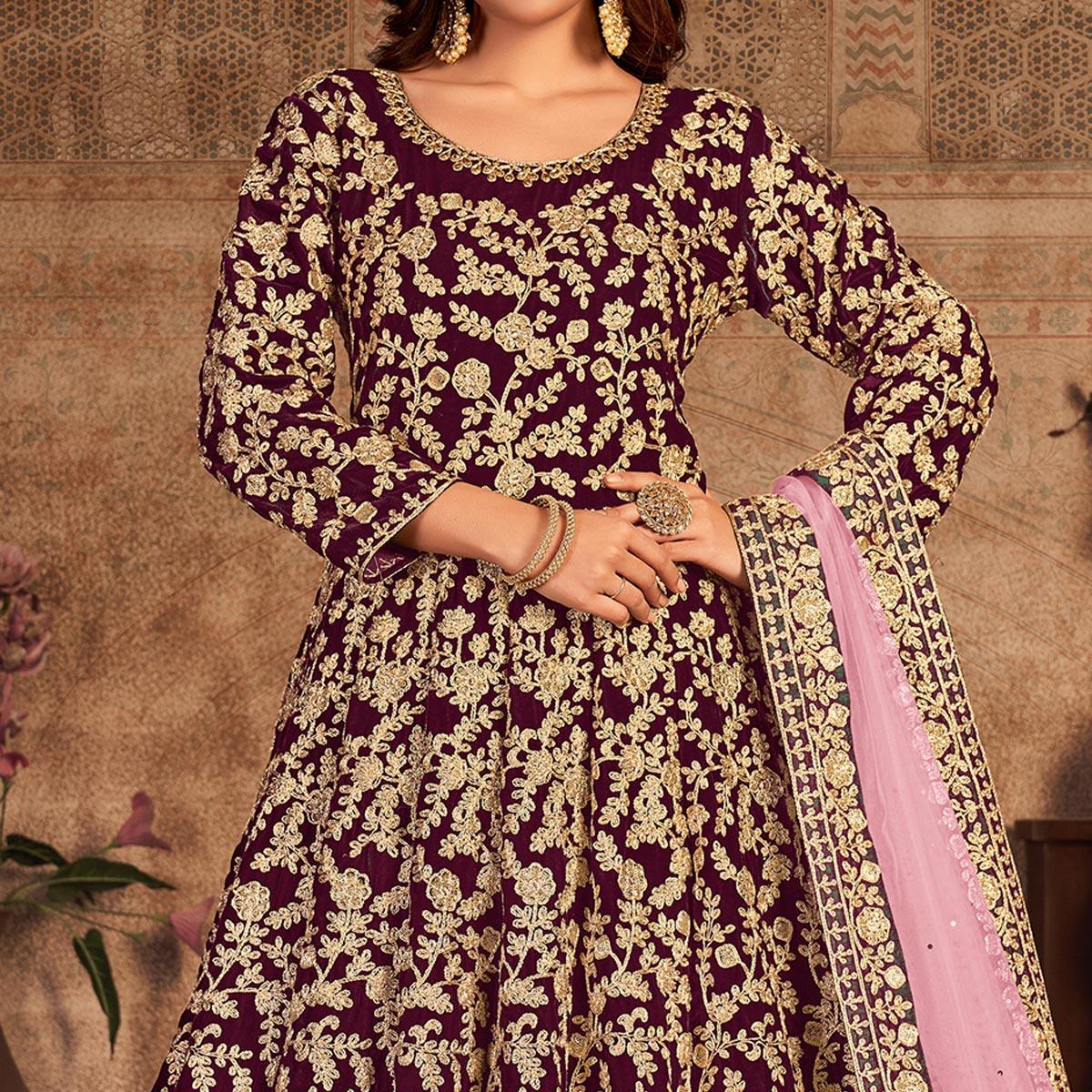 Maroon Floral Embroidered Velvet Partywear Gown - Peachmode