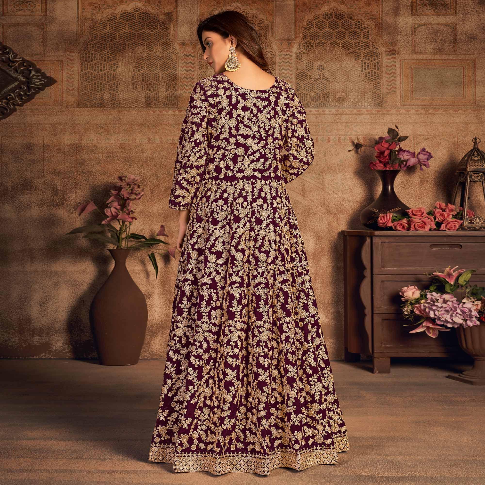 Maroon Floral Embroidered Velvet Partywear Gown - Peachmode