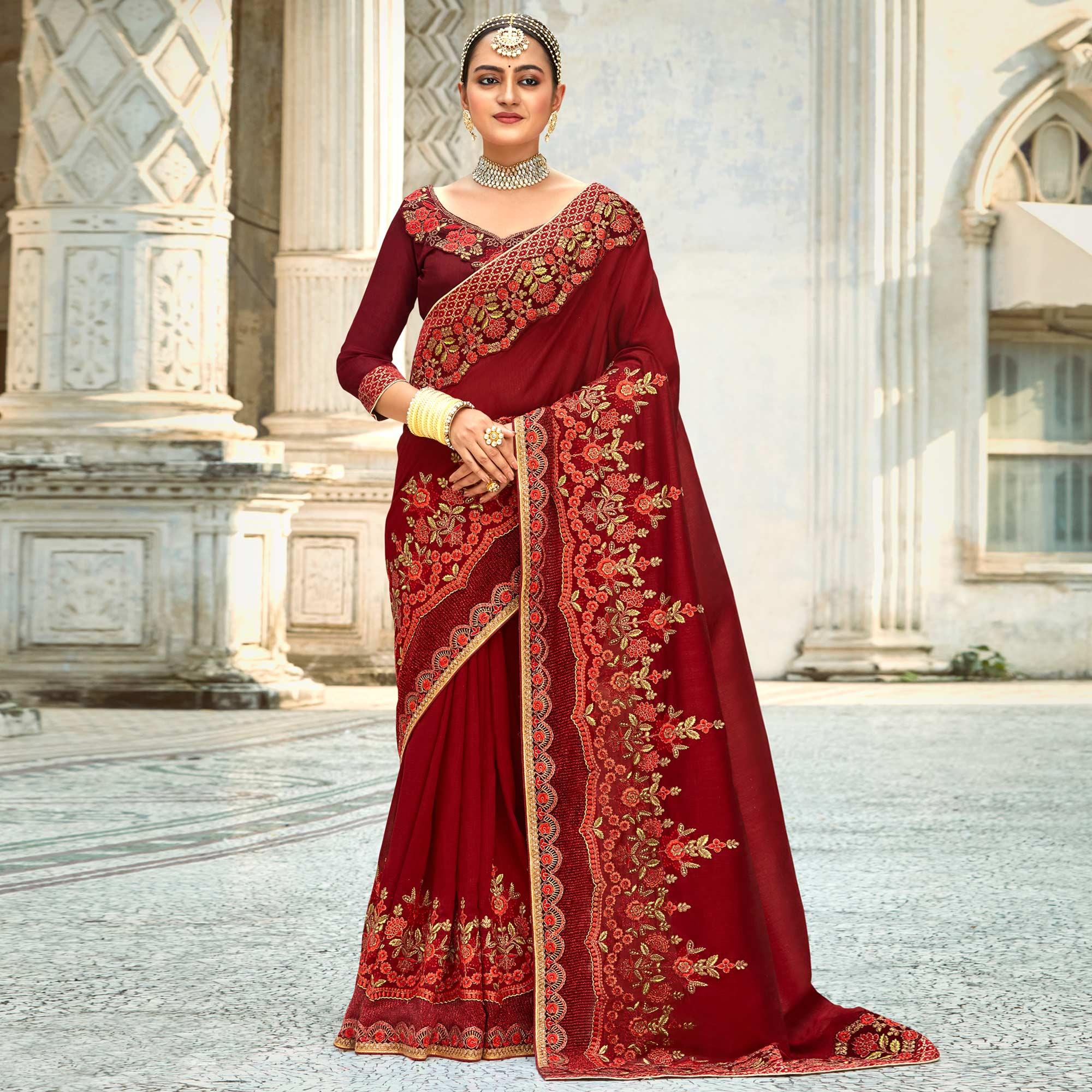 Maroon Floral Embroidered Vichitra Silk Saree - Peachmode