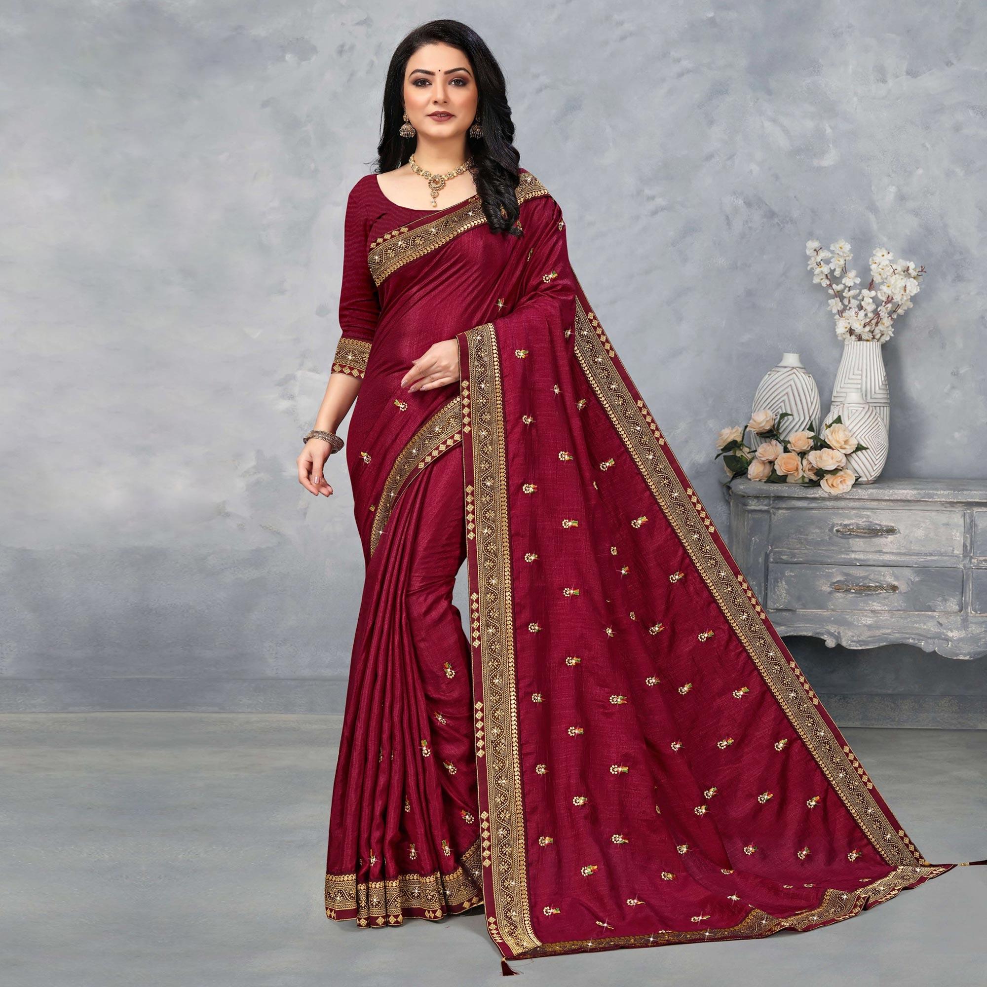 Maroon Floral Embroidered Vichitra Silk Saree - Peachmode