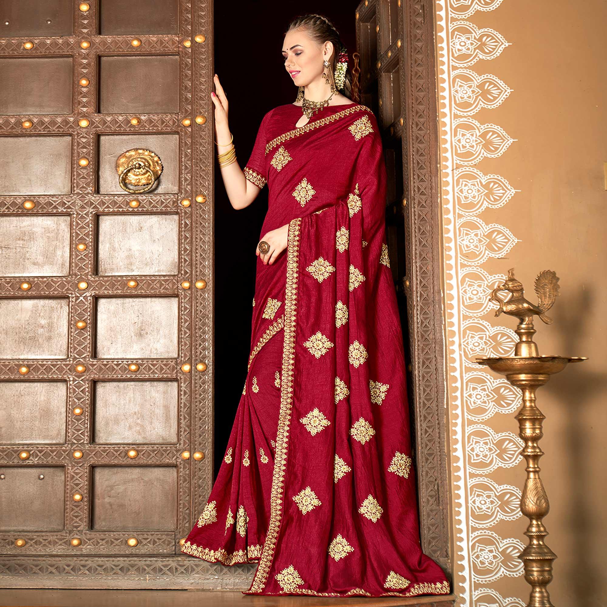 Maroon Floral Embroidered Vichitra Silk Saree - Peachmode