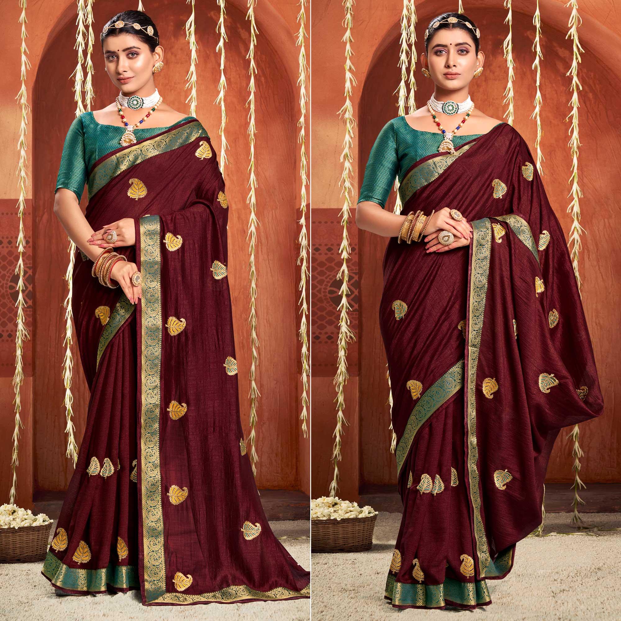 Maroon Floral Embroidered Vichitra Silk Saree - Peachmode