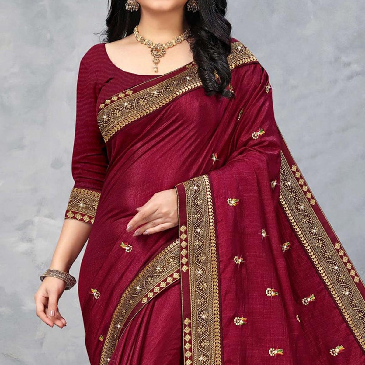 Maroon Floral Embroidered Vichitra Silk Saree - Peachmode
