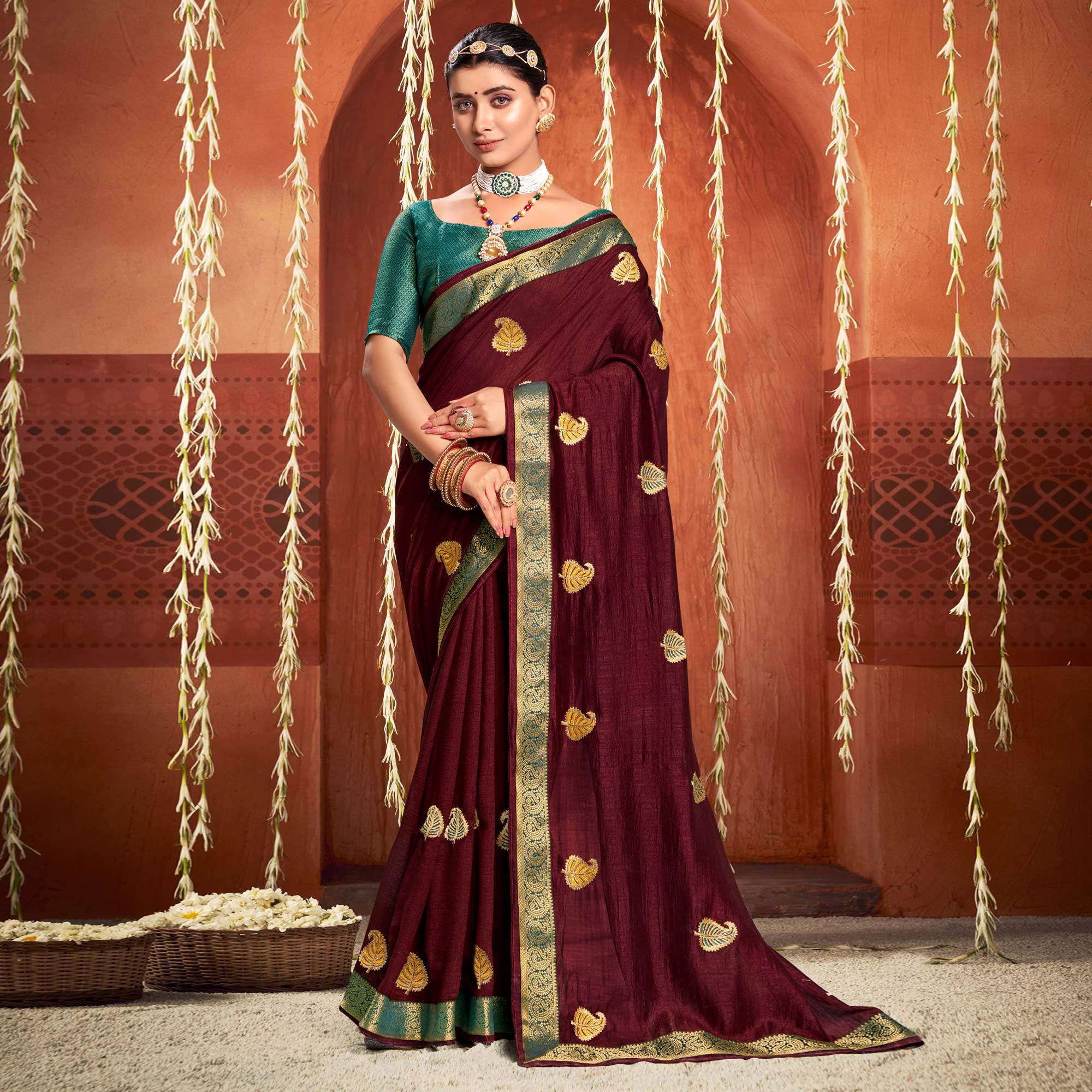 Maroon Floral Embroidered Vichitra Silk Saree - Peachmode