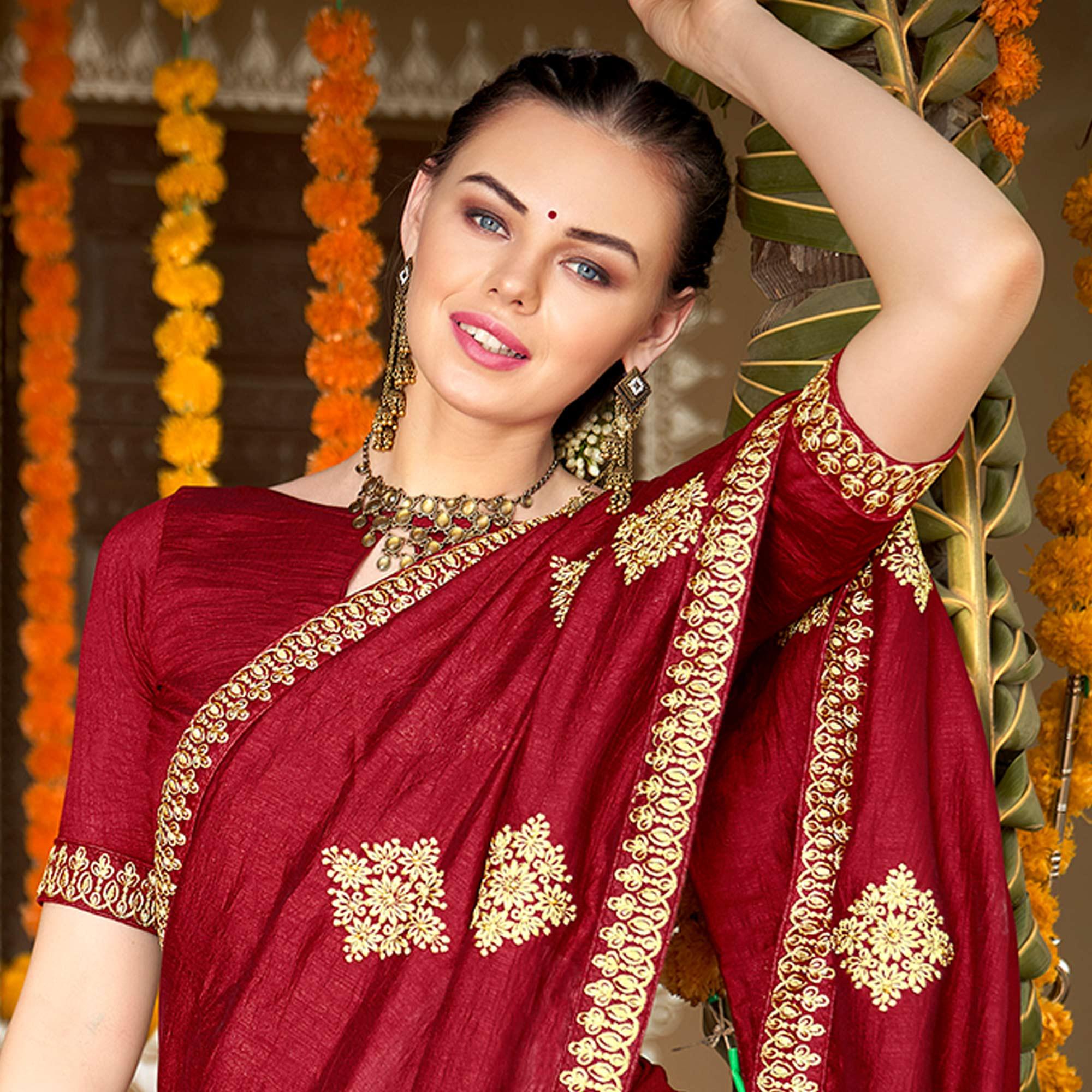 Maroon Floral Embroidered Vichitra Silk Saree - Peachmode