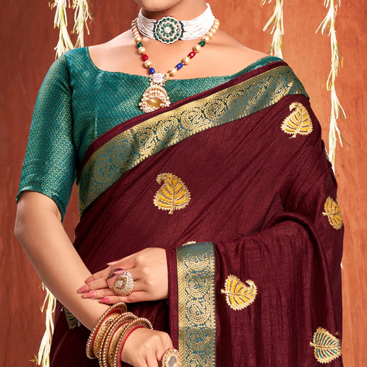 Maroon Floral Embroidered Vichitra Silk Saree - Peachmode