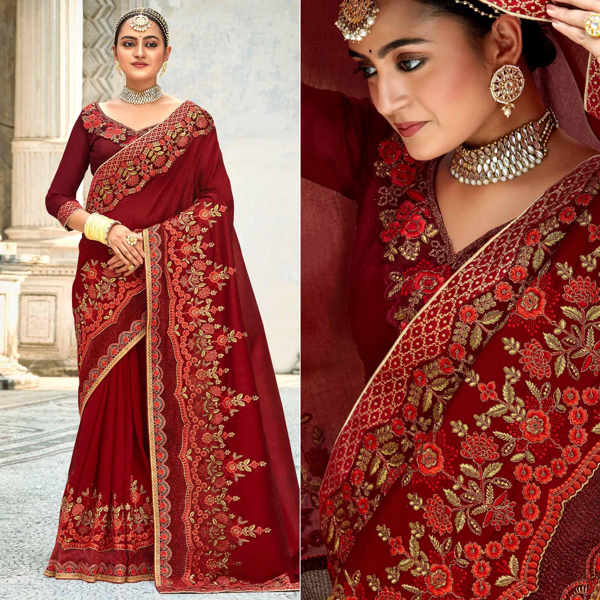 Maroon Floral Embroidered Vichitra Silk Saree - Peachmode