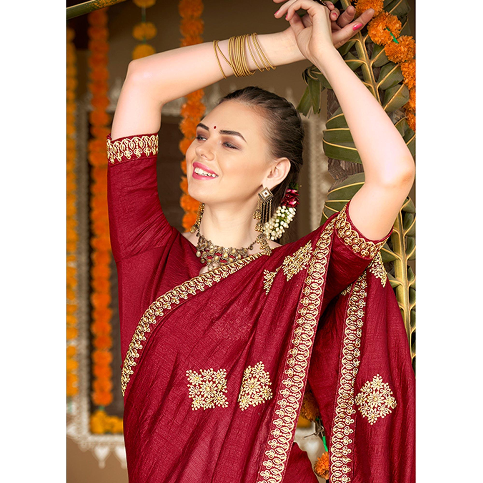 Maroon Floral Embroidered Vichitra Silk Saree - Peachmode