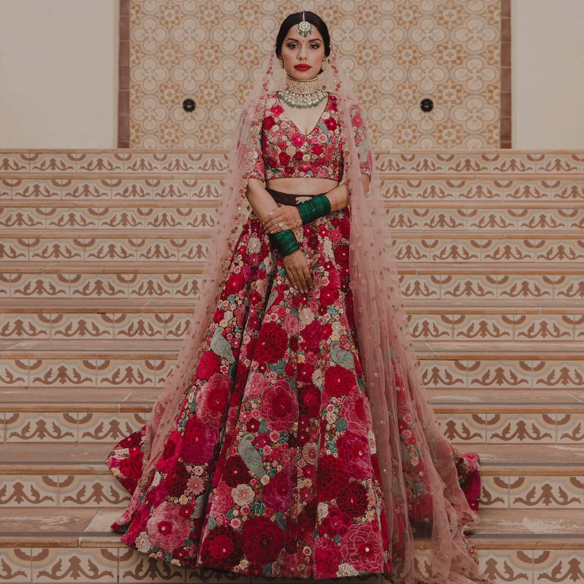 Maroon Floral Embroidered With Embellished Velvet Lehenga Choli - Peachmode