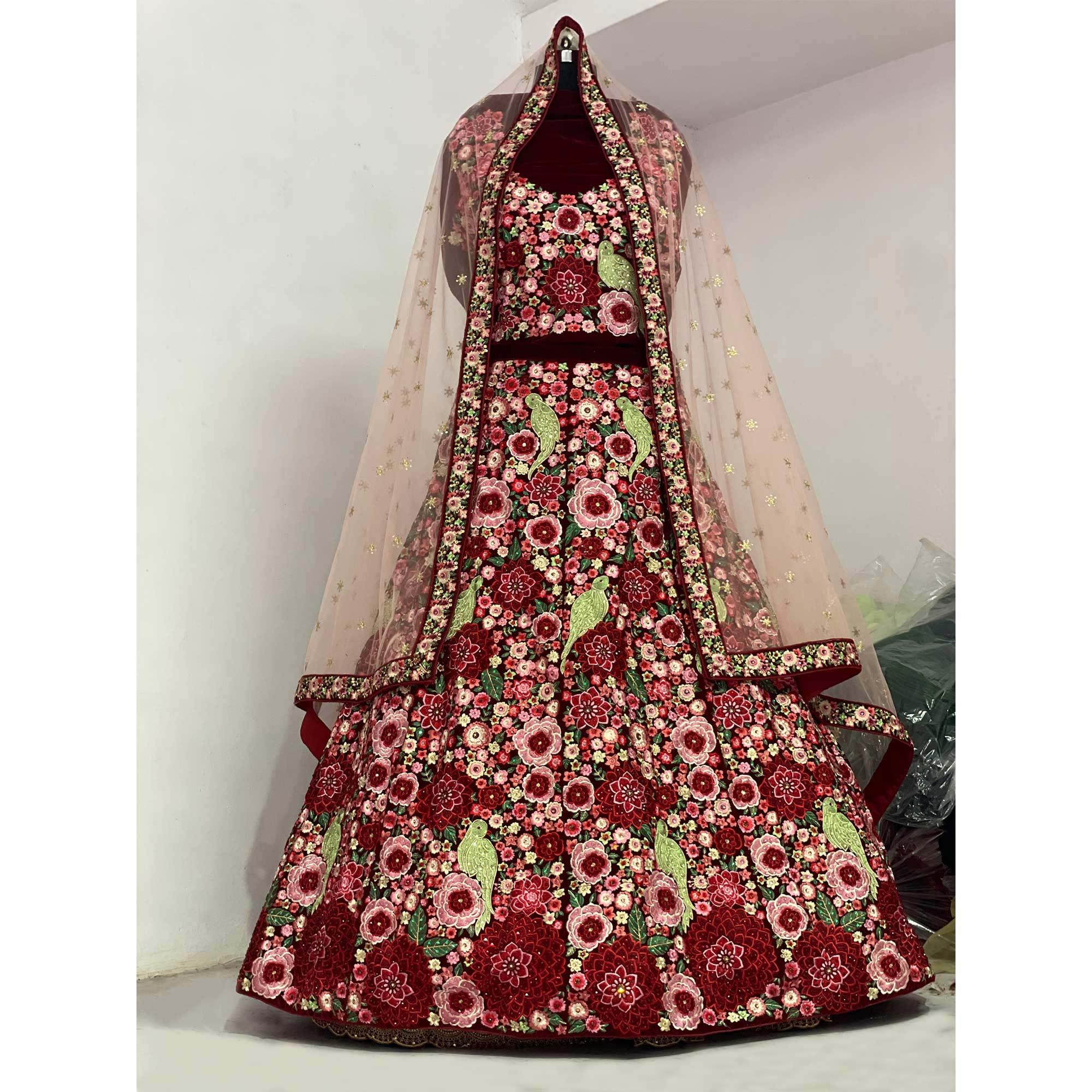 Maroon Floral Embroidered With Embellished Velvet Lehenga Choli - Peachmode