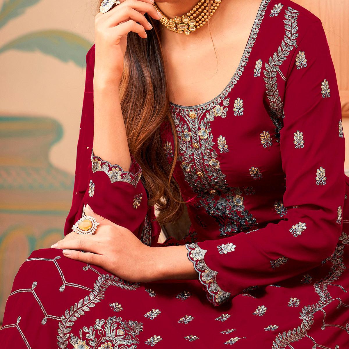 Maroon Floral Embroidery Designer Georgette Partywear Suit - Peachmode