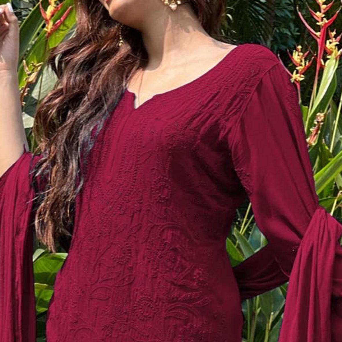 Maroon Floral Lucknowi Embroidered Georgette Sharara Suit - Peachmode