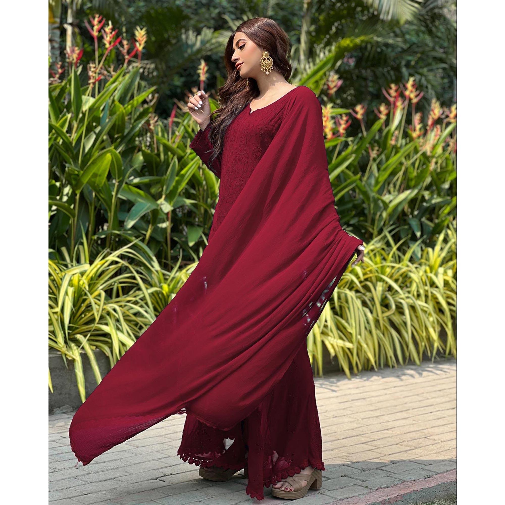 Maroon Floral Lucknowi Embroidered Georgette Sharara Suit - Peachmode