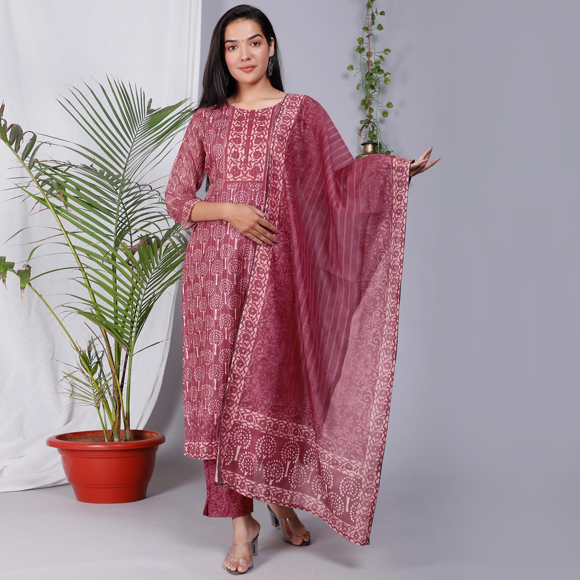 Maroon Floral Printed Chanderi Salwar Suit - Peachmode