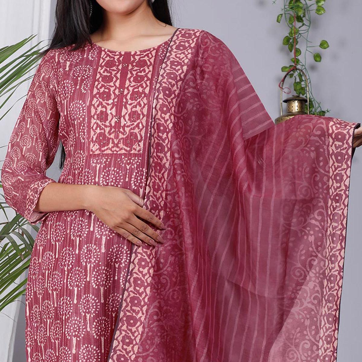 Maroon Floral Printed Chanderi Salwar Suit - Peachmode