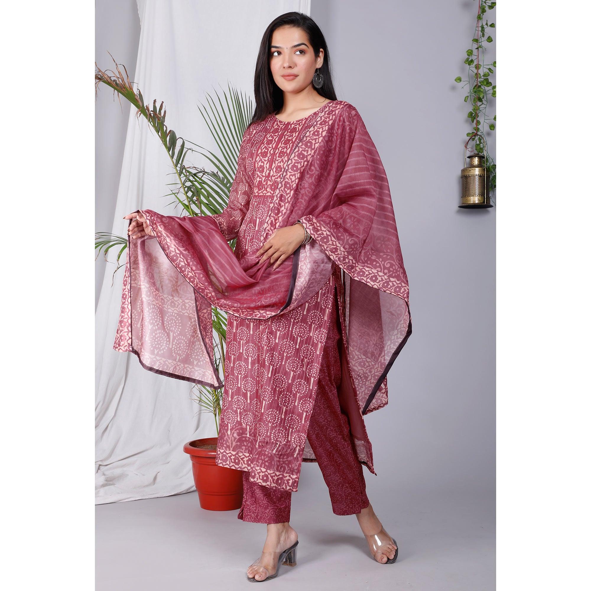Maroon Floral Printed Chanderi Salwar Suit - Peachmode
