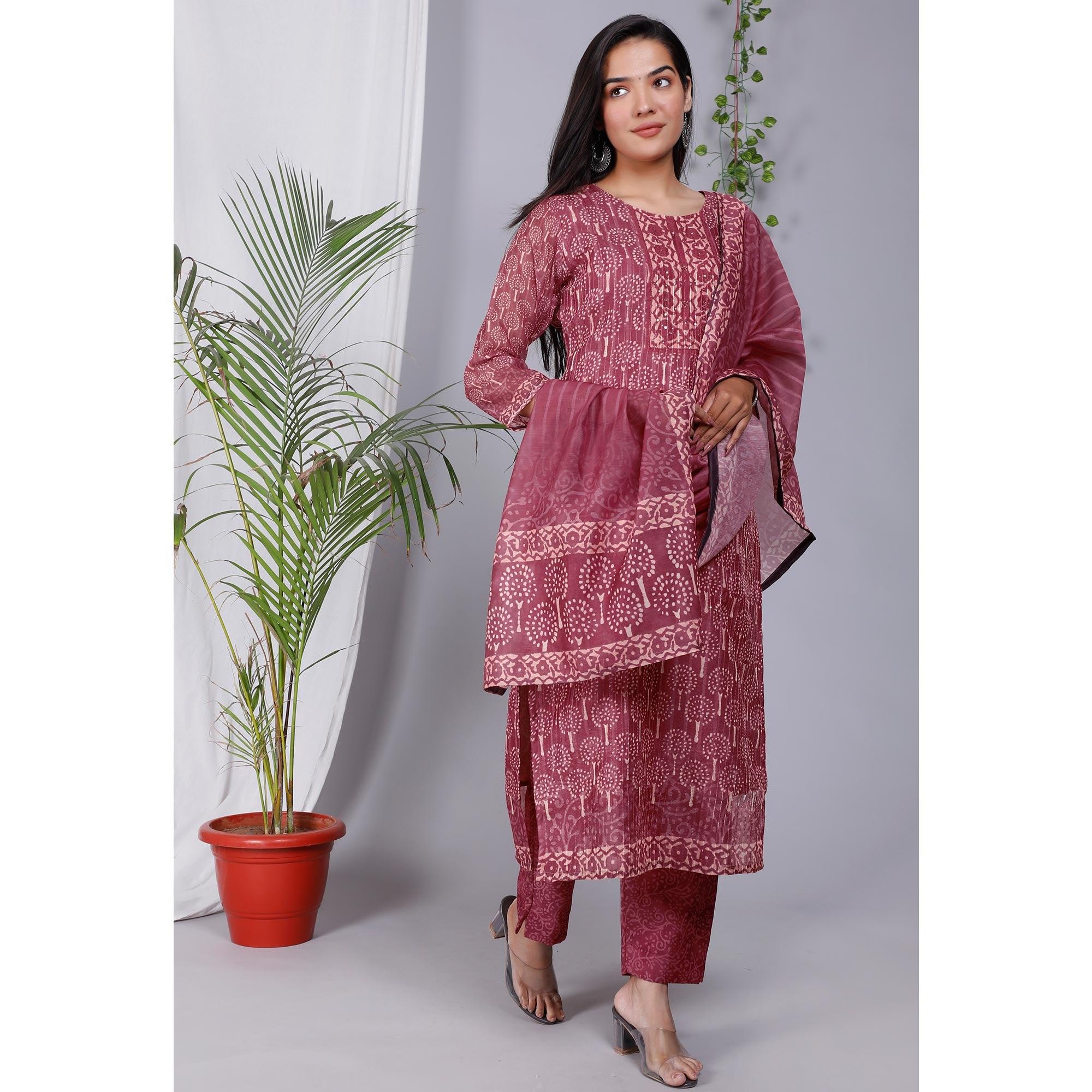 Maroon Floral Printed Chanderi Salwar Suit - Peachmode