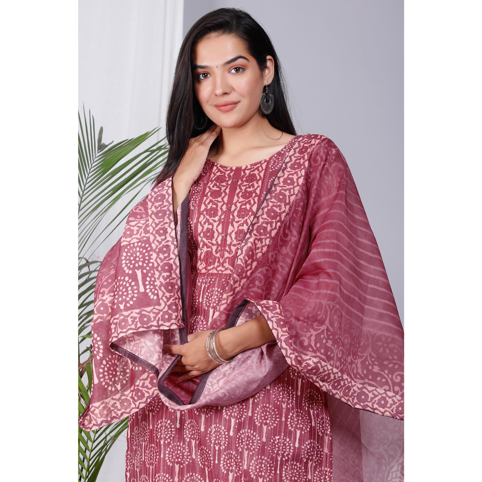 Maroon Floral Printed Chanderi Salwar Suit - Peachmode