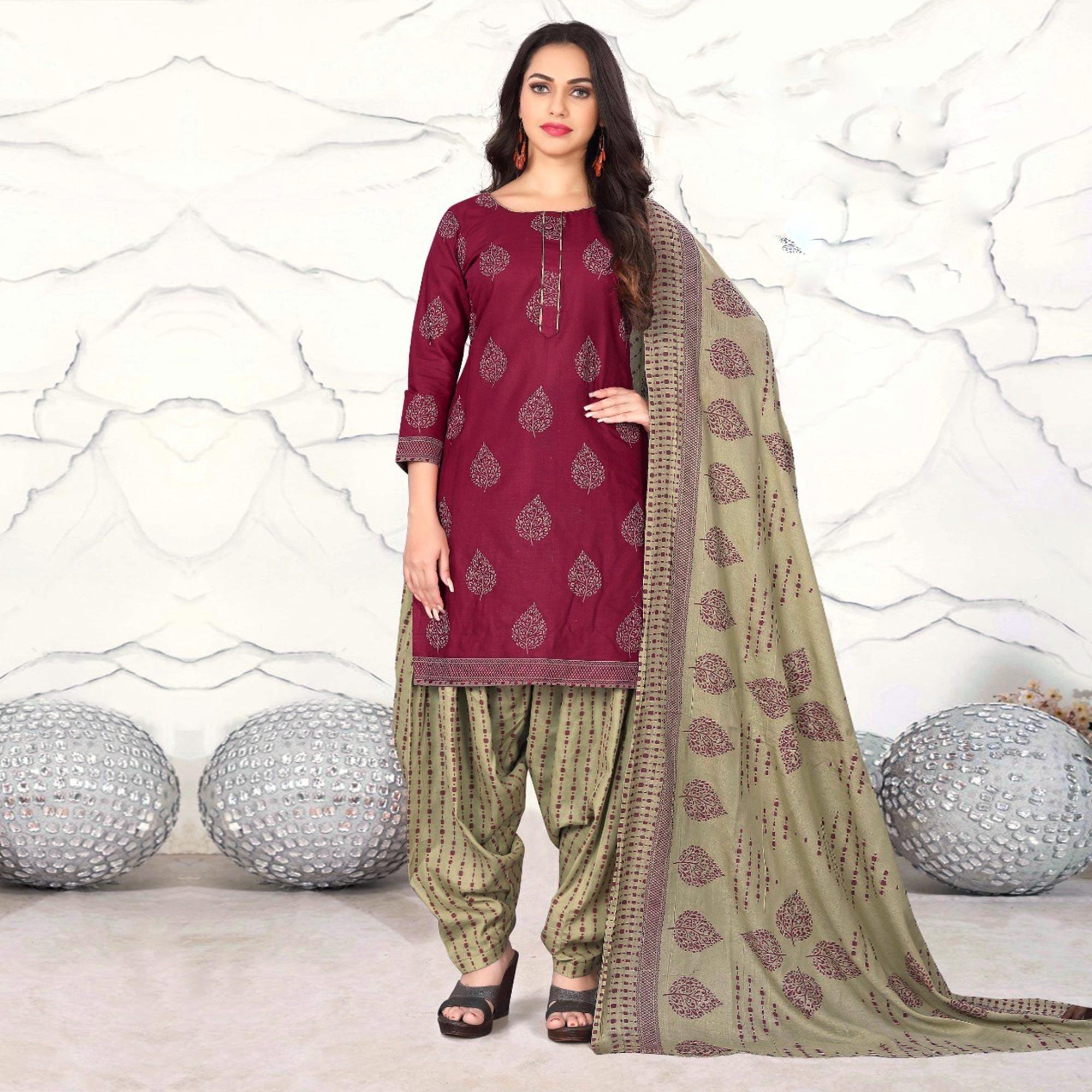 Maroon Floral Printed Cotton Blend Dress Material - Peachmode