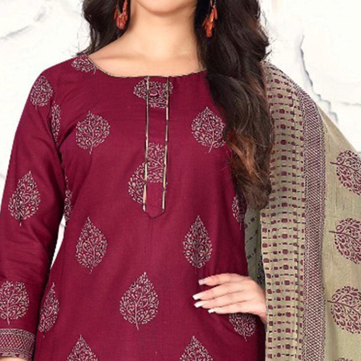 Maroon Floral Printed Cotton Blend Dress Material - Peachmode