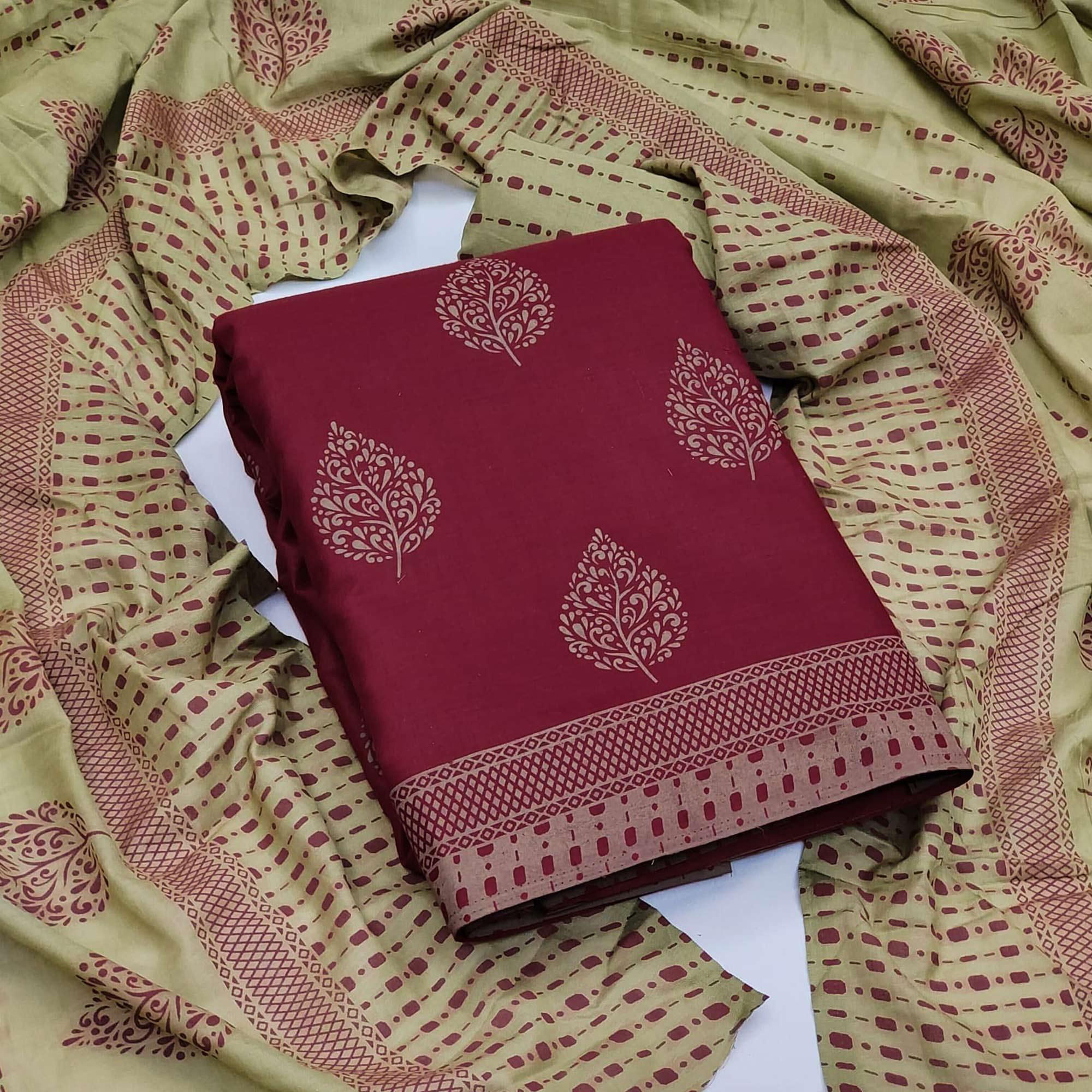 Maroon Floral Printed Cotton Blend Dress Material - Peachmode
