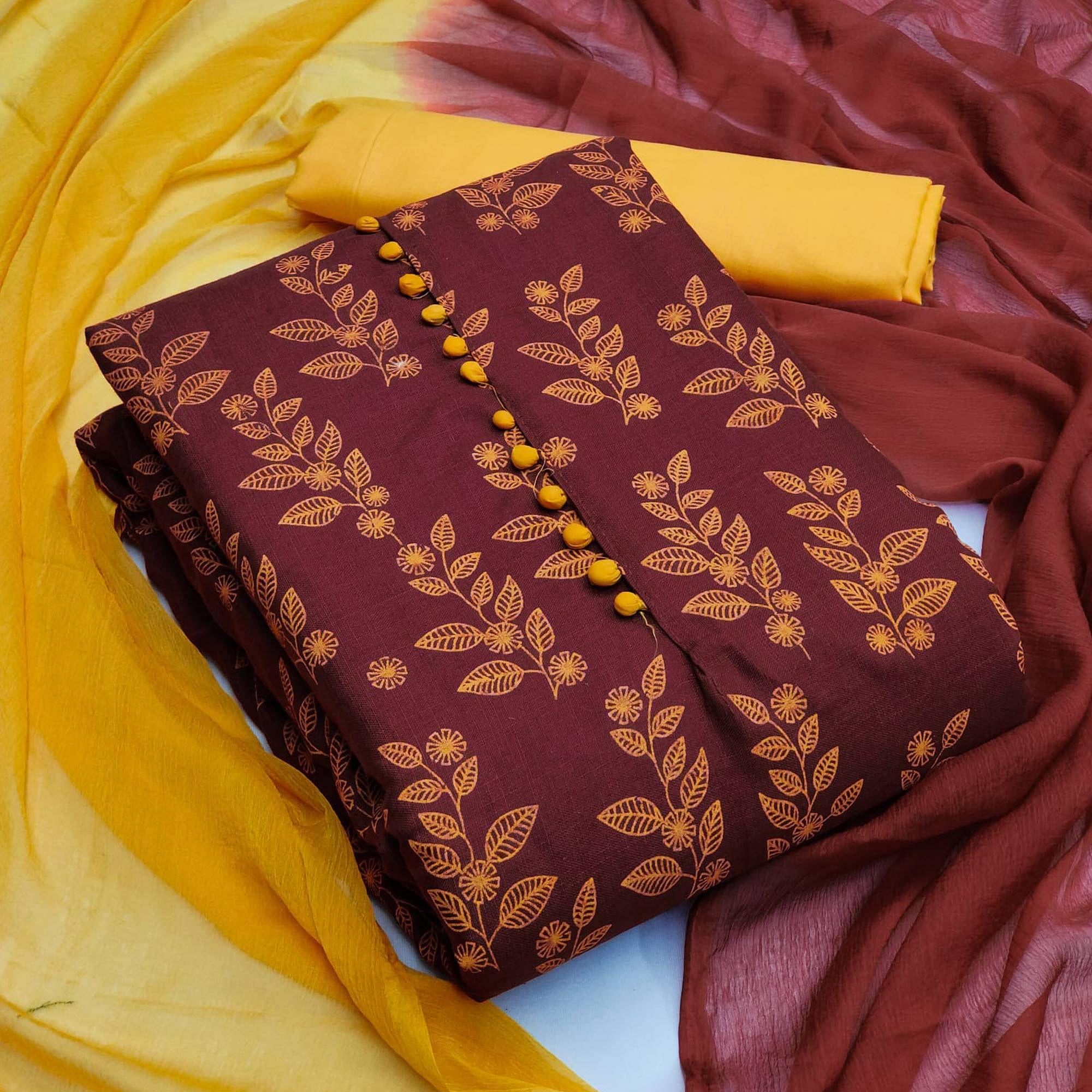 Maroon Floral Printed Cotton Dress Material - Peachmode