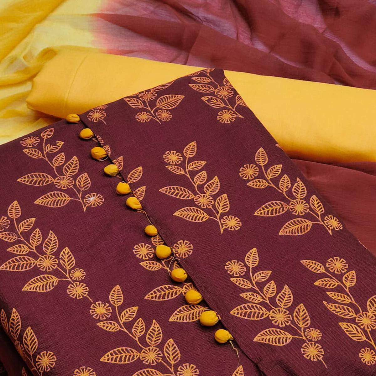 Maroon Floral Printed Cotton Dress Material - Peachmode