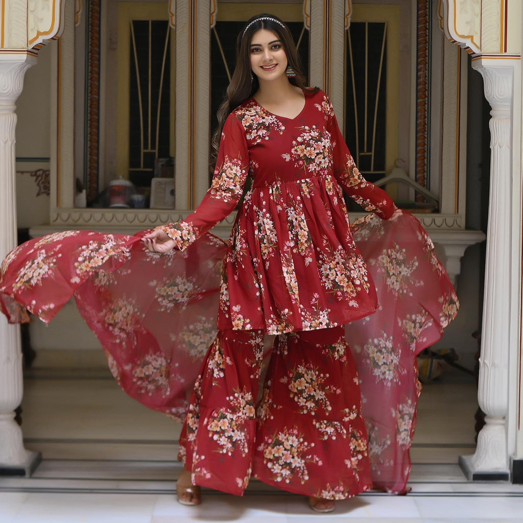 Maroon Floral Printed Georgette Sharara Suit