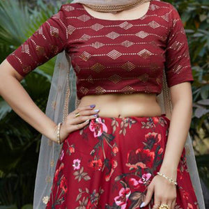 Maroon Floral Printed Raw Silk Lehenga Choli - Peachmode