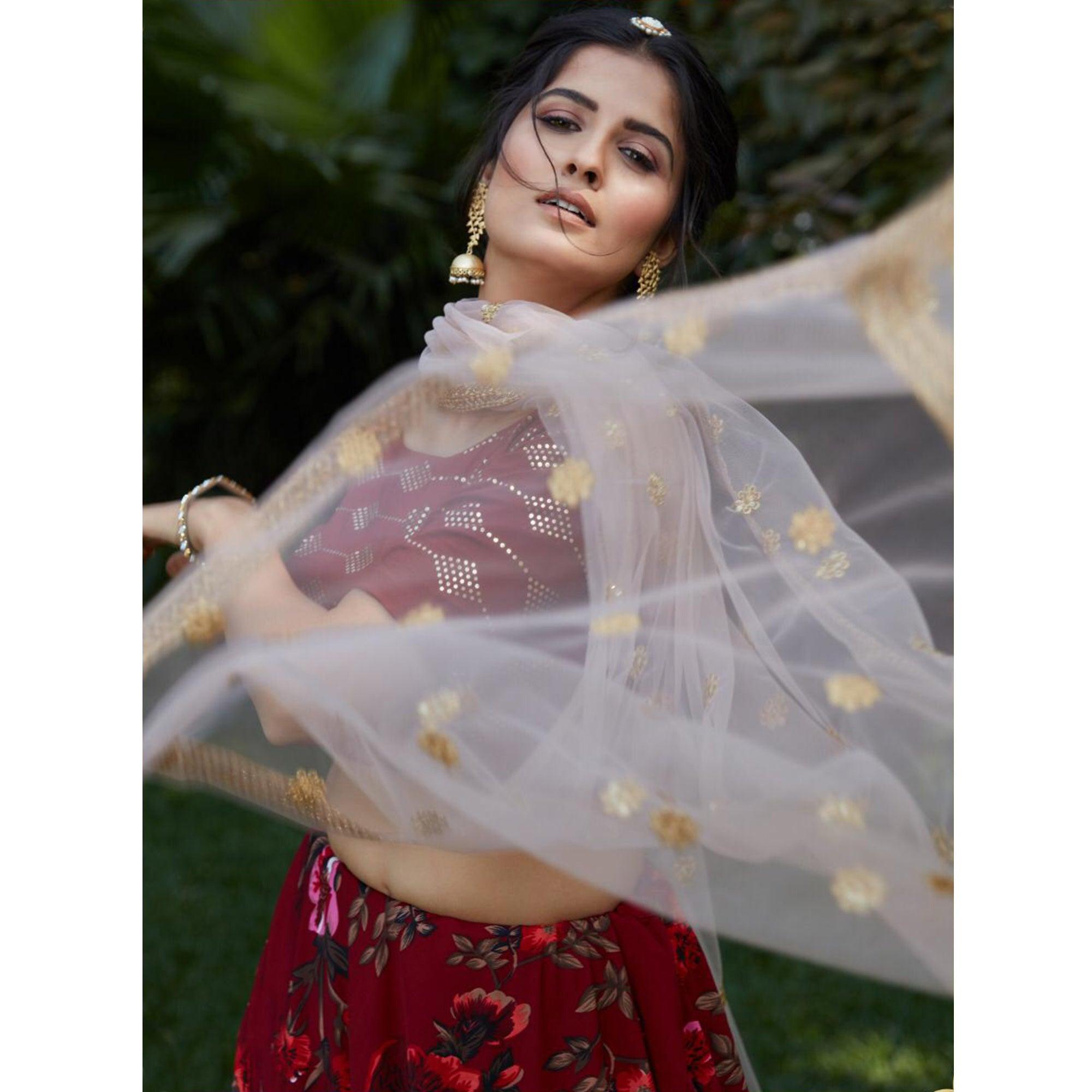 Maroon Floral Printed Raw Silk Lehenga Choli - Peachmode
