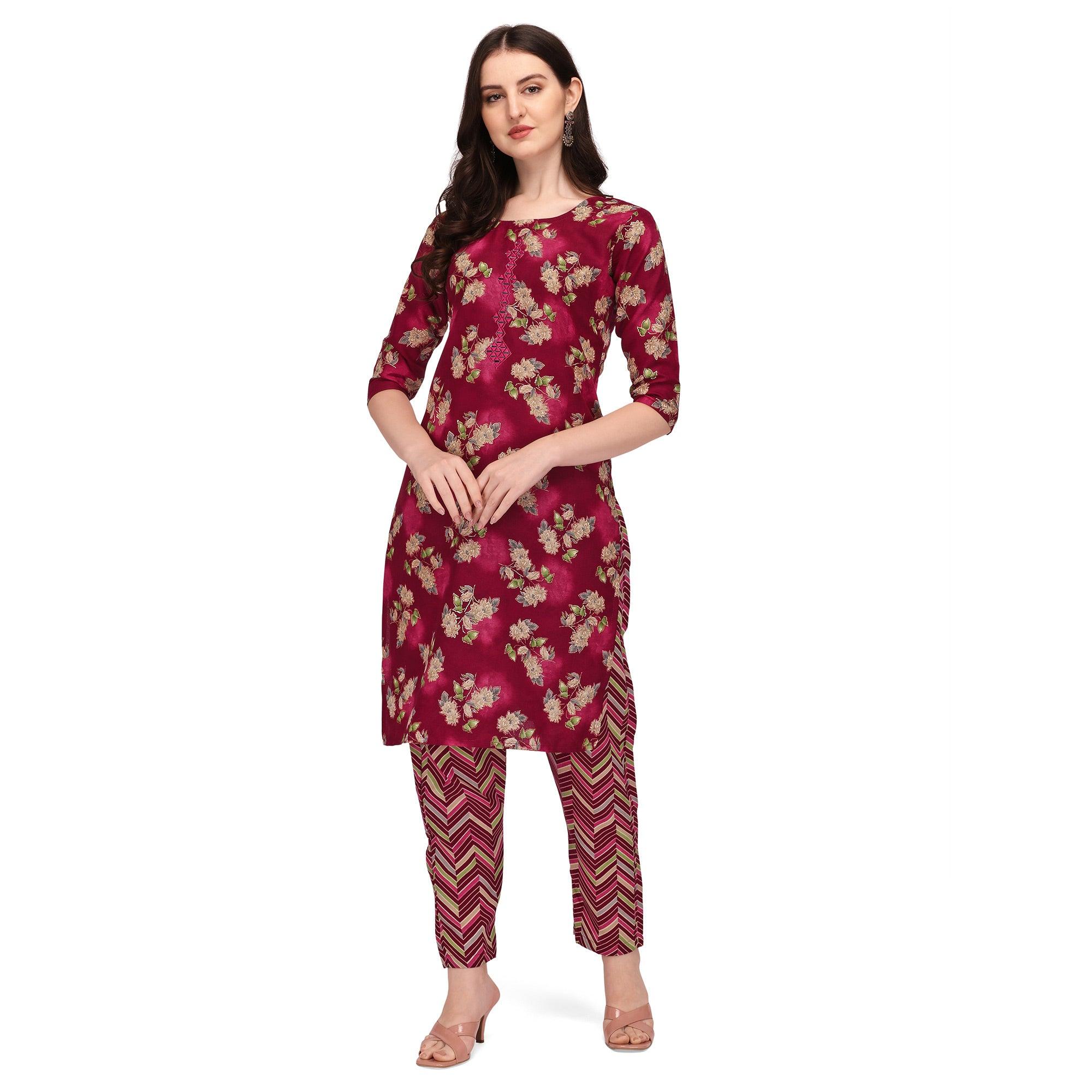Maroon Floral Printed With Embroidered Poly Cotton Kurti Pant Set - Peachmode