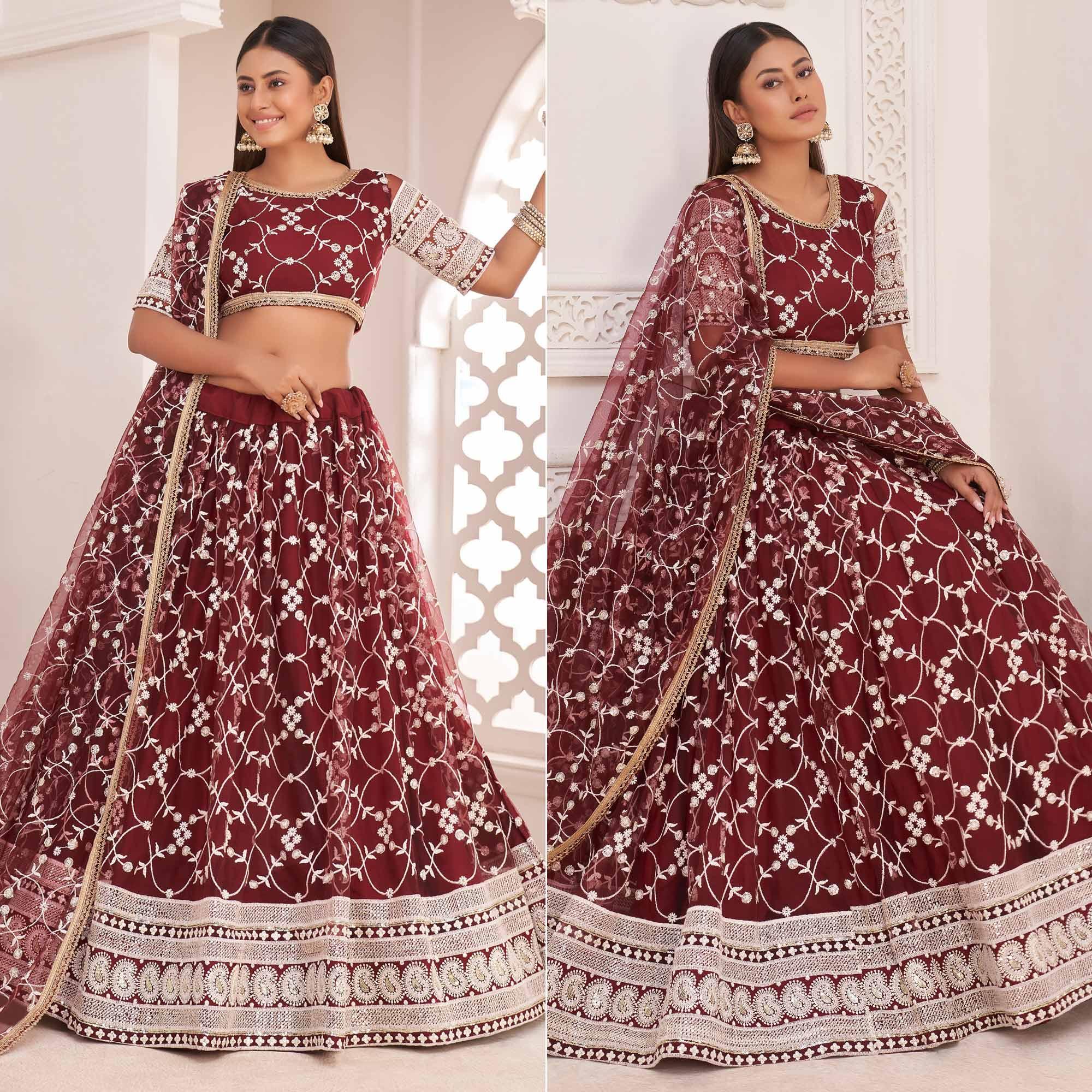 Maroon Floral Sequence Embroidered Net Lehenga Choli - Peachmode