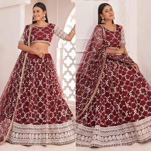 Maroon Floral Sequence Embroidered Net Lehenga Choli - Peachmode