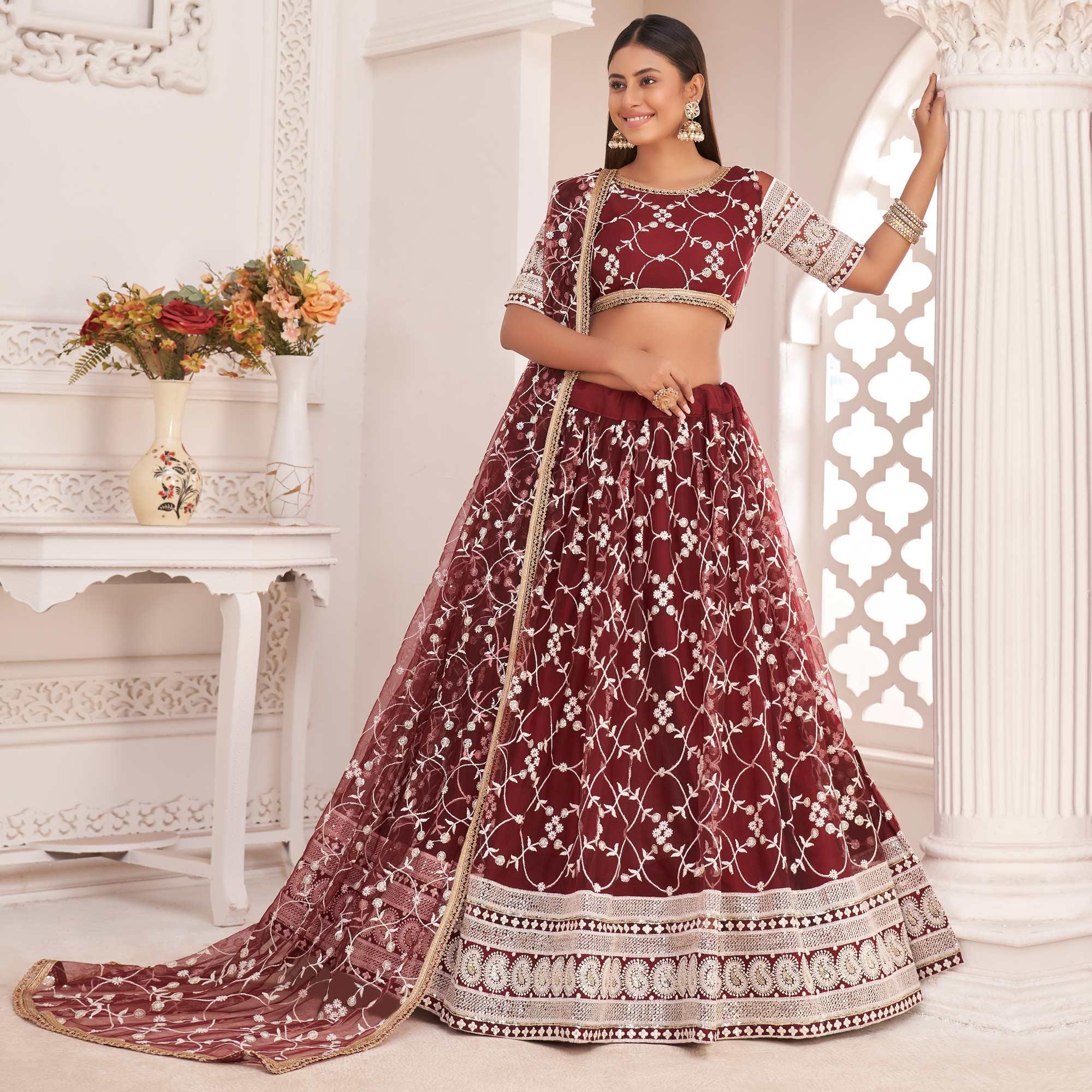 Maroon Floral Sequence Embroidered Net Lehenga Choli - Peachmode