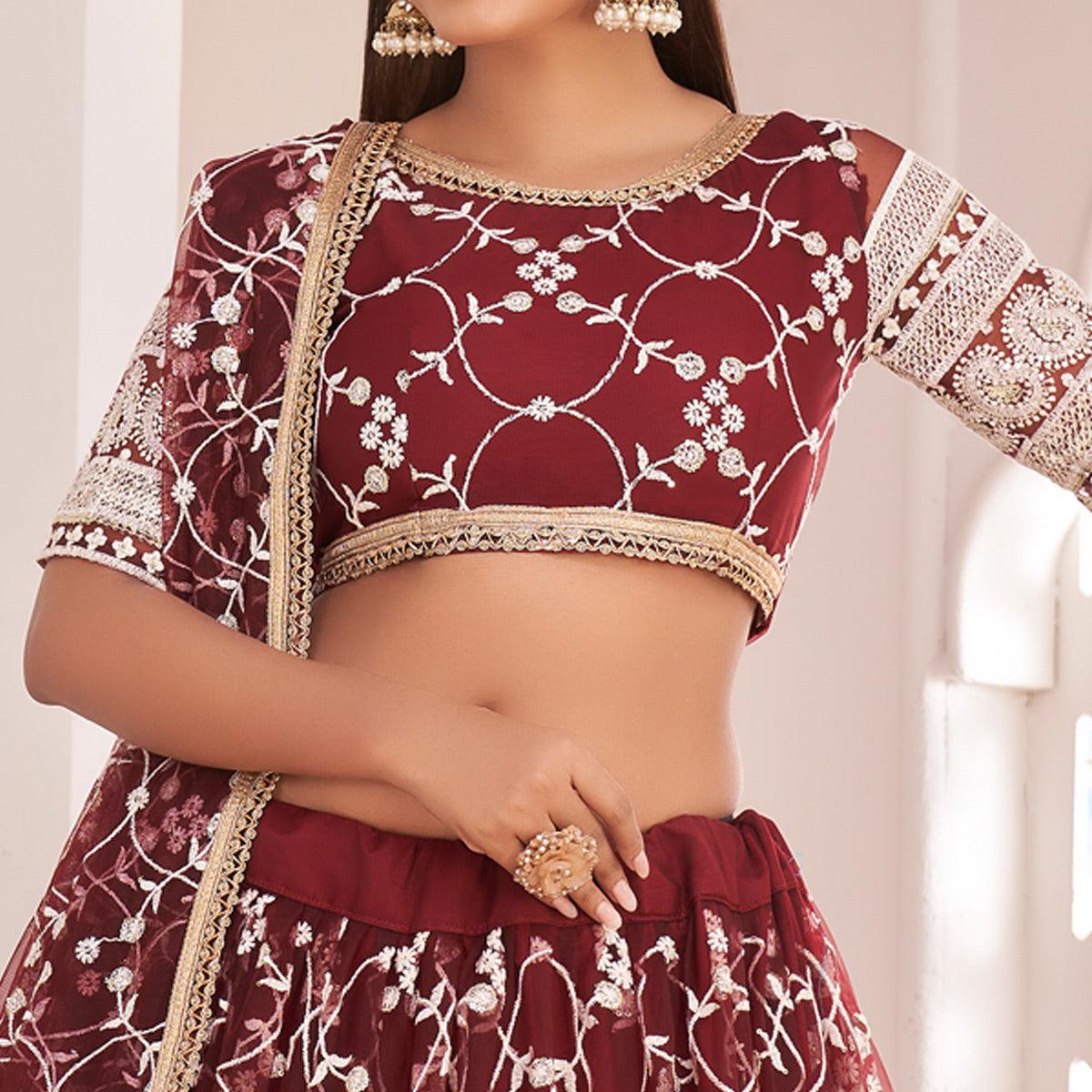Maroon Floral Sequence Embroidered Net Lehenga Choli - Peachmode