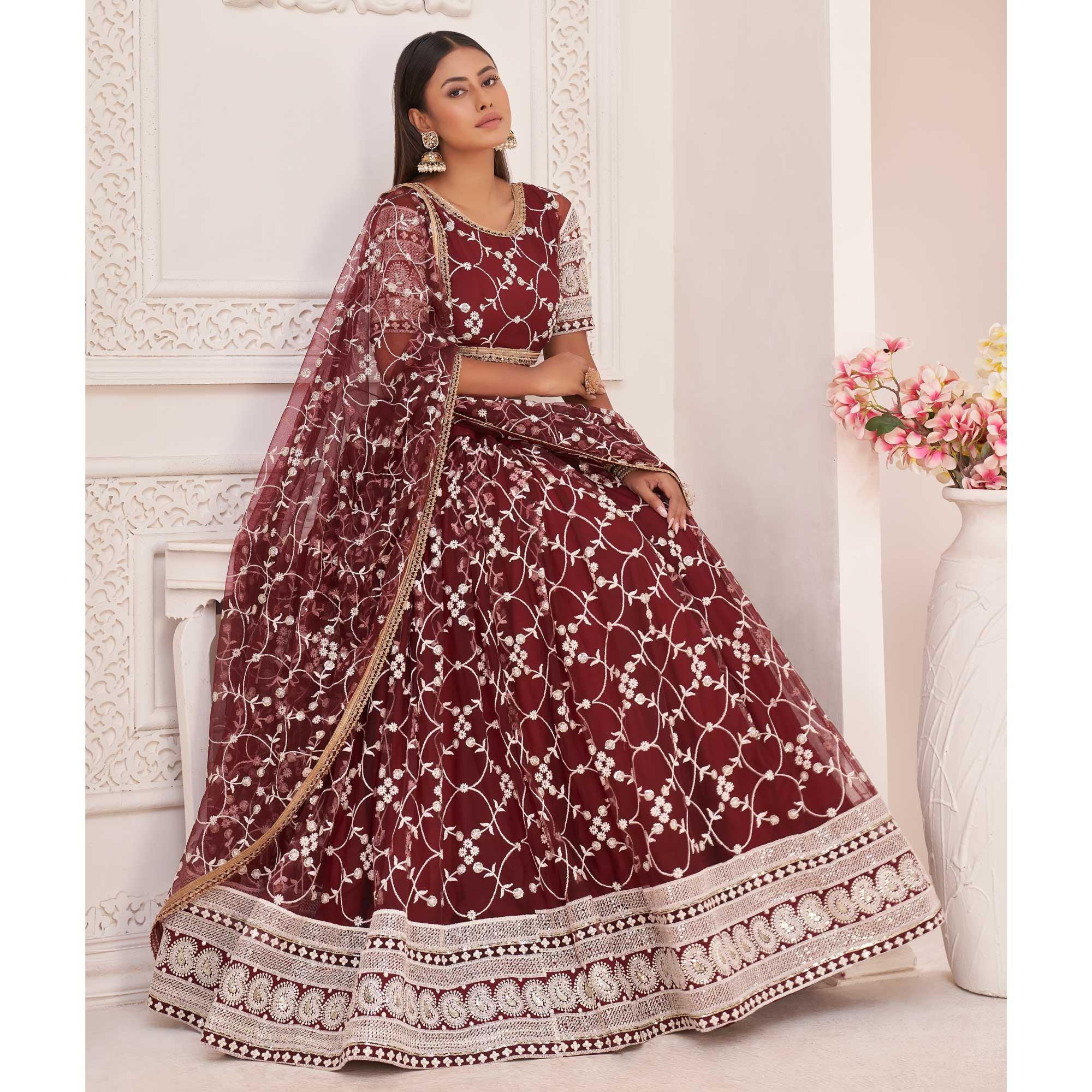 Maroon Floral Sequence Embroidered Net Lehenga Choli - Peachmode