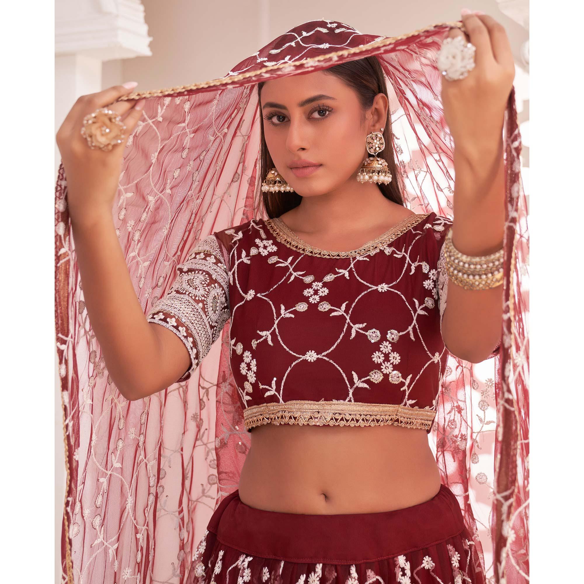 Maroon Floral Sequence Embroidered Net Lehenga Choli - Peachmode