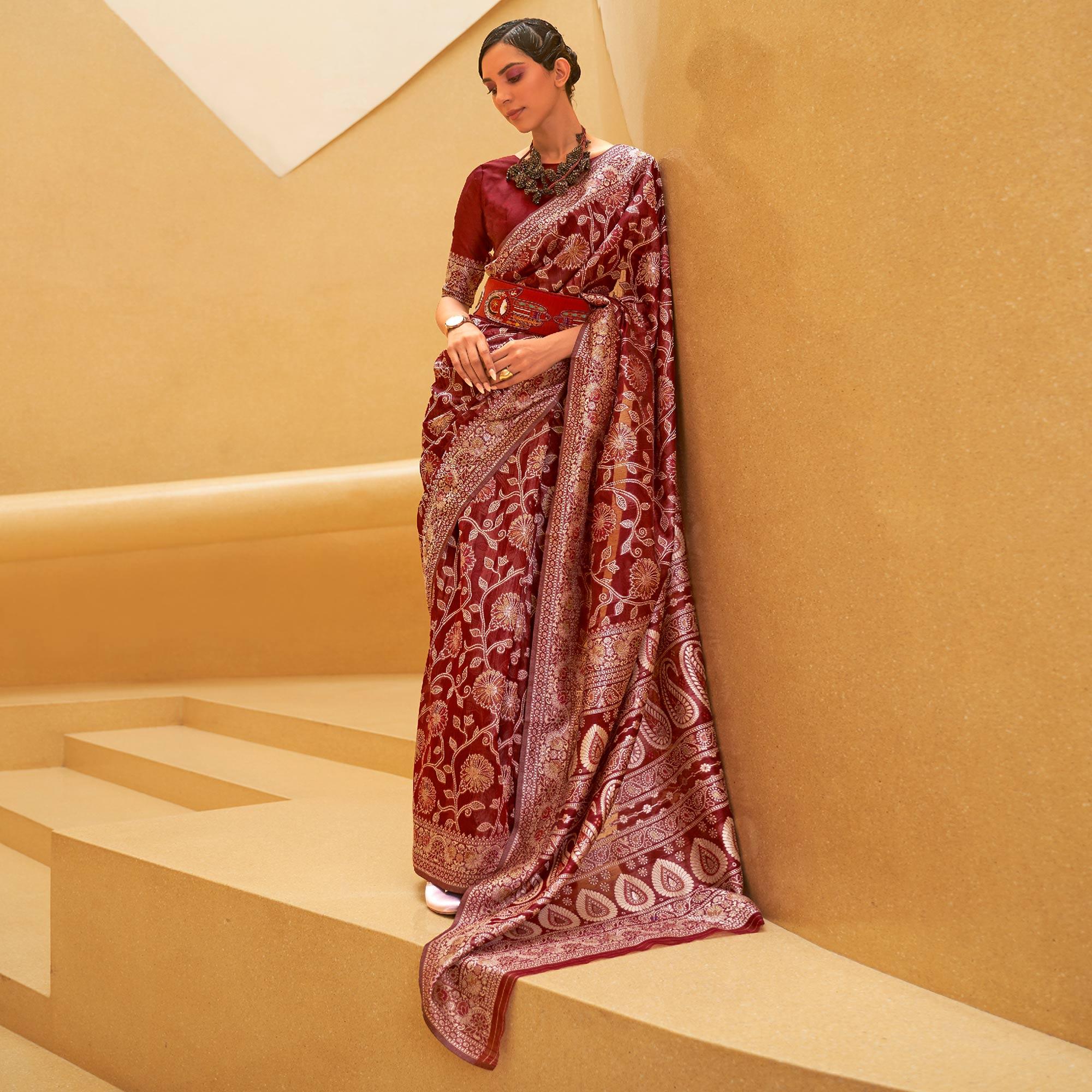 Maroon Floral Woven Art Silk Saree - Peachmode