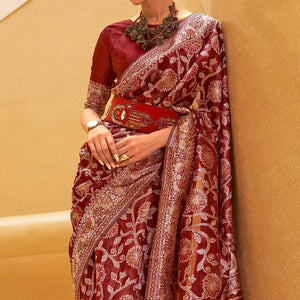 Maroon Floral Woven Art Silk Saree - Peachmode