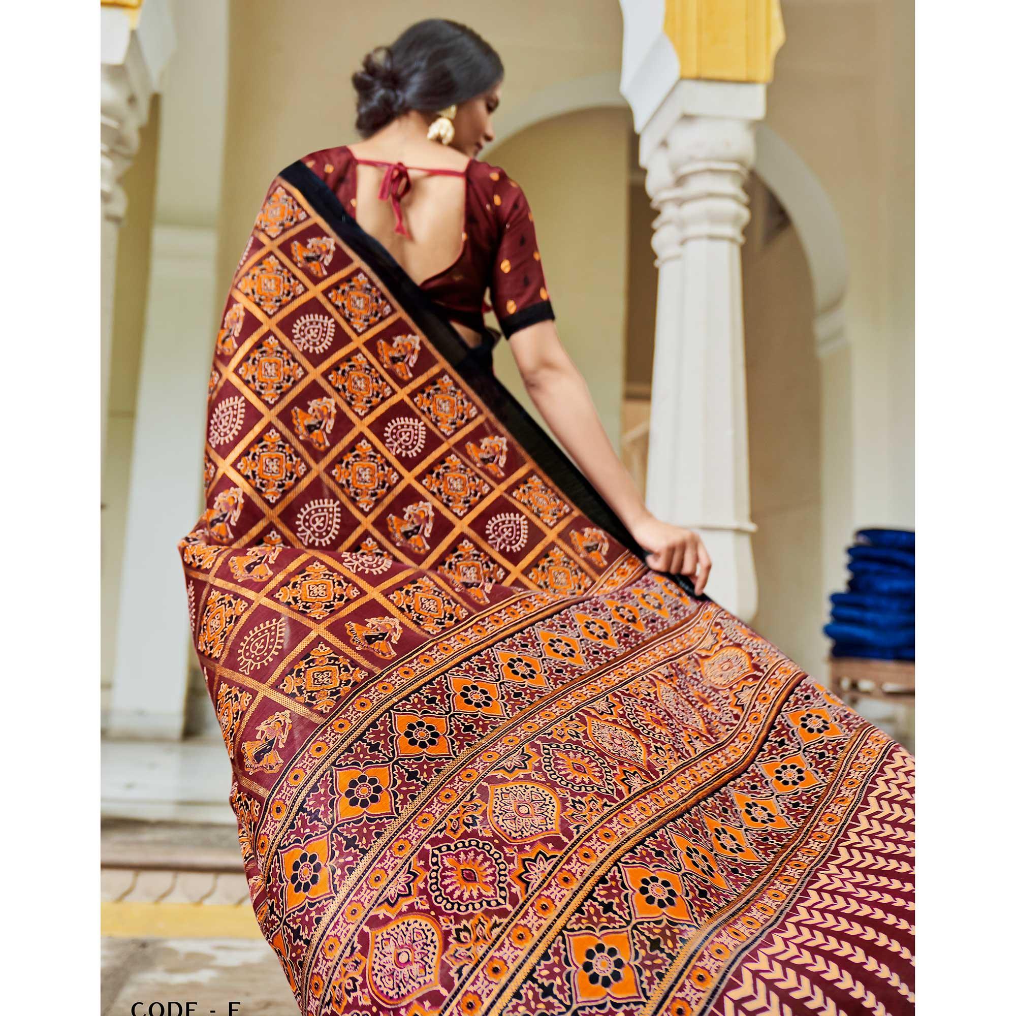 Maroon Foil Digital Printed Poly Cotton Saree - Peachmode