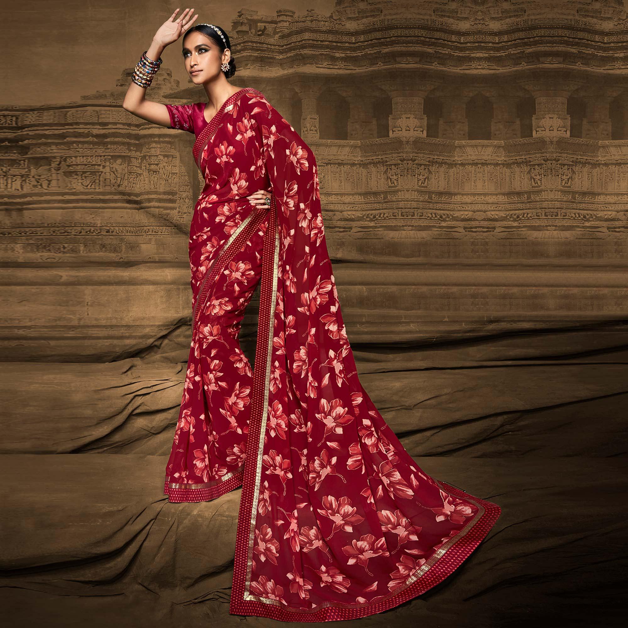 Maroon Foil Printed Georgette Saree - Peachmode
