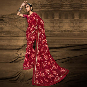 Maroon Foil Printed Georgette Saree - Peachmode