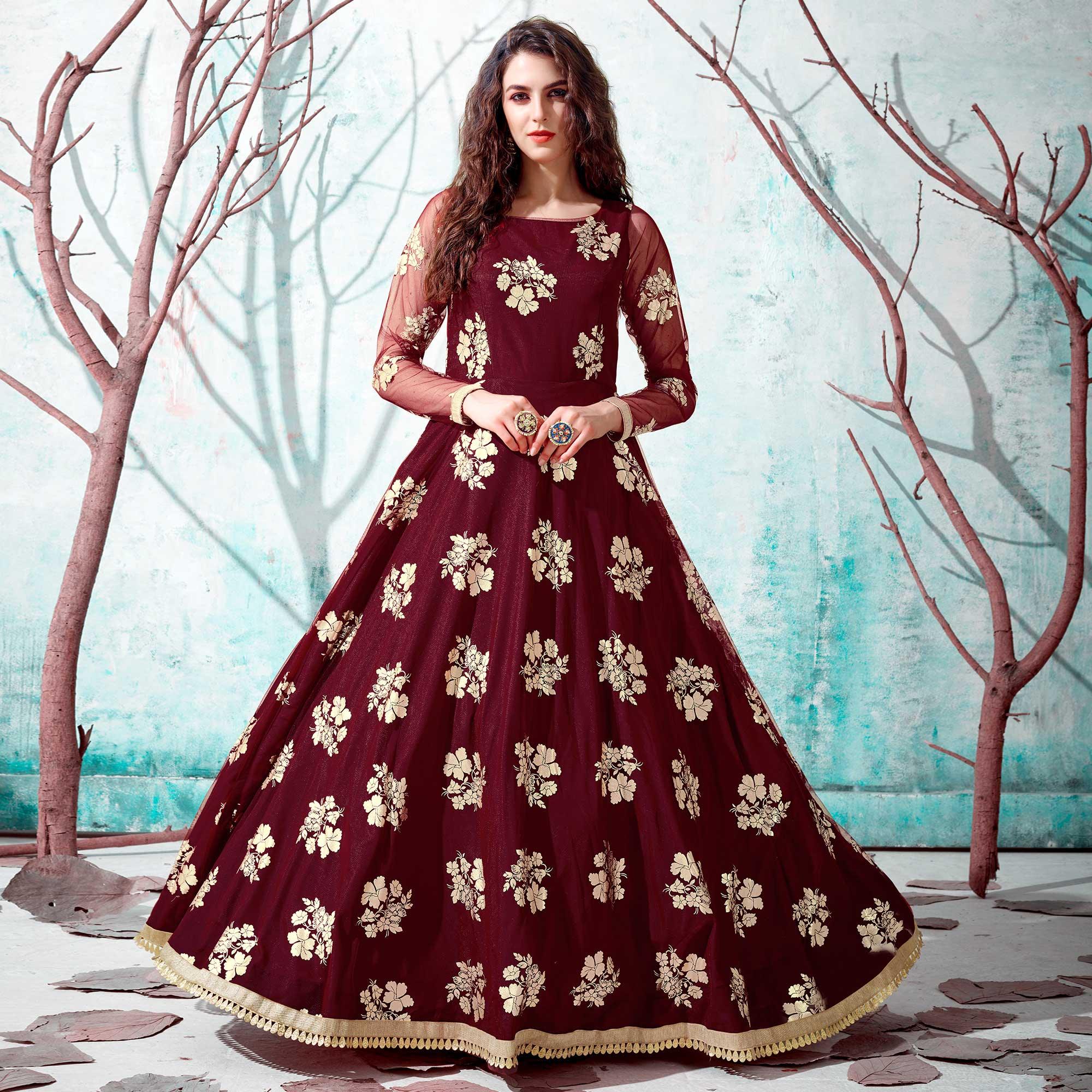 Maroon Foil Printed Netted Gown - Peachmode